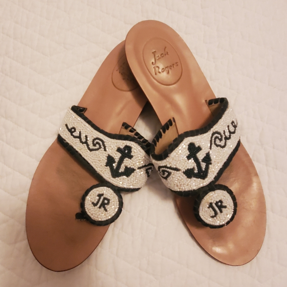 Jack Rogers Nautical Navy and White Beaded Sandals Sz 6.5
